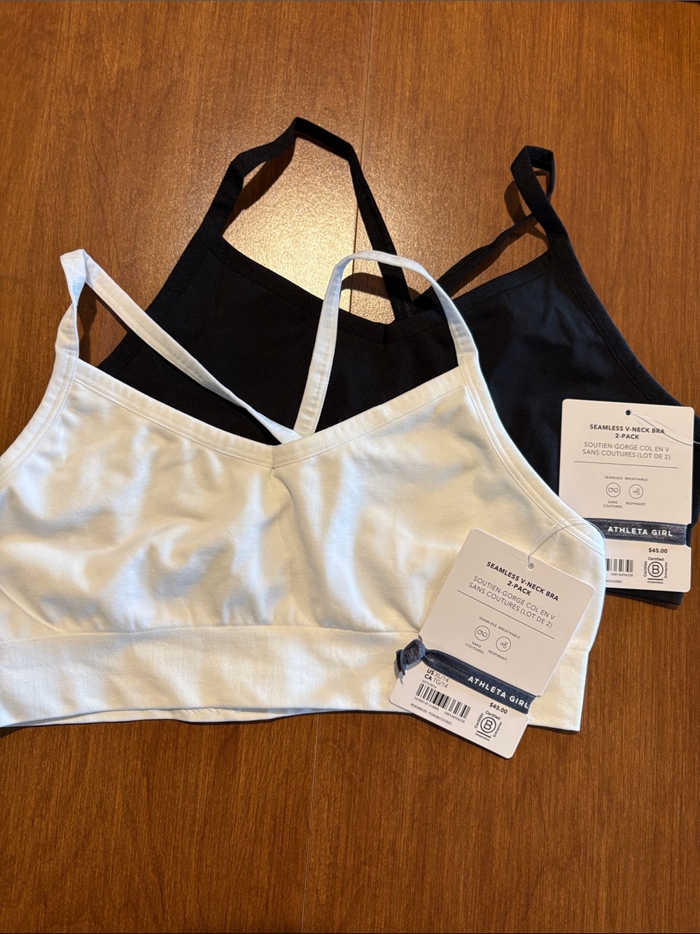 NWT Athleta Girl Bundle of two Seamless V-Neck Bras, 1 White & 1 Black Sz XL/14